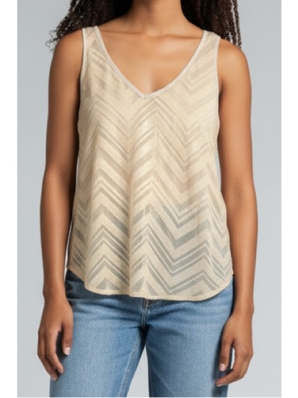 New York & Company Small Cream Tan Sequin Chevron Design Tank Top
